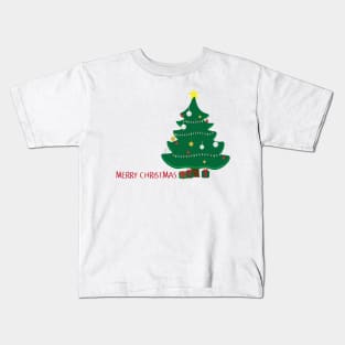 Decorated Christmas tree, Green and Red gifts and merry christmas greeting on white background Kids T-Shirt